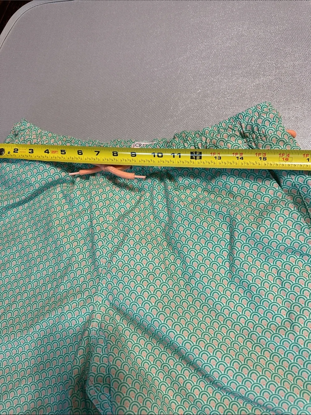 J. Crew Mint Green Scallop-Print Swim Shorts with Coral Accent